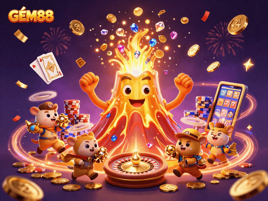 Experience the thrill of GEM88 with a vibrant 3D cartoon casino scene bursting with golden treasures and excitement.