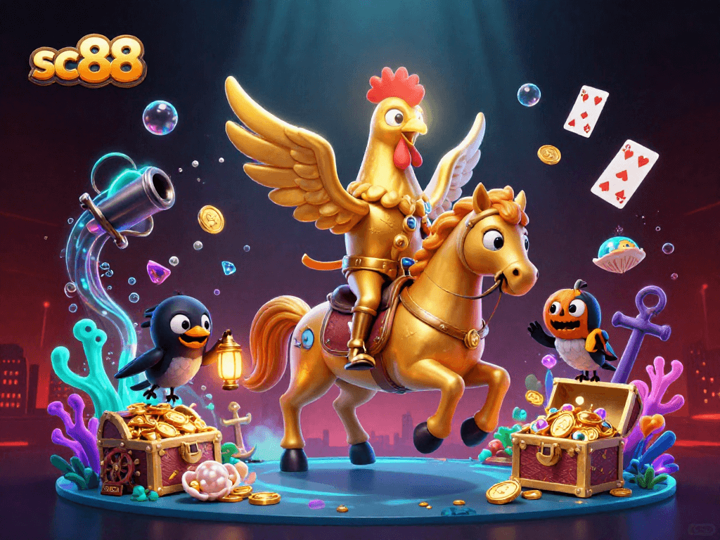 Engage with sc88’s vibrant casino scene featuring a golden rooster in a dynamic 3D illustration.