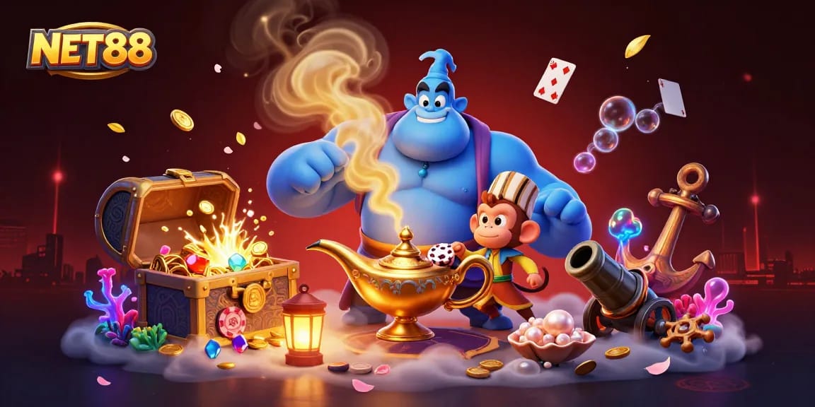 Engage with NET88's thrilling gaming scene animated by a genie and poker chips.