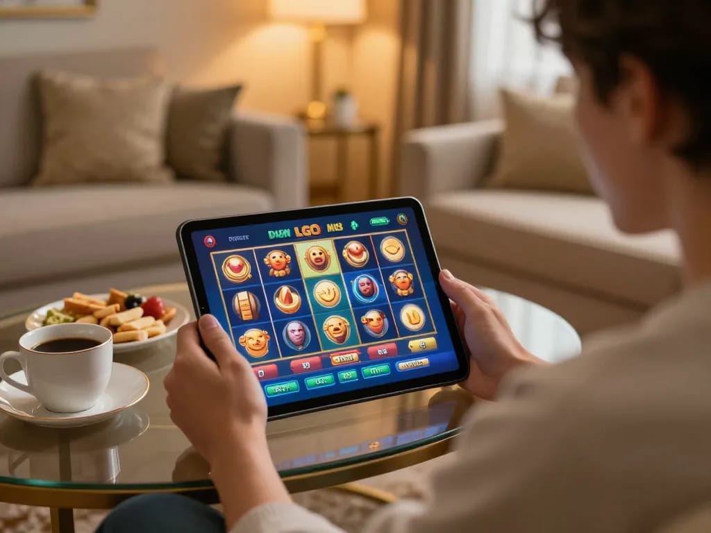 LGO SUPER slot game interface displayed on tablet during relaxed gameplay at home.