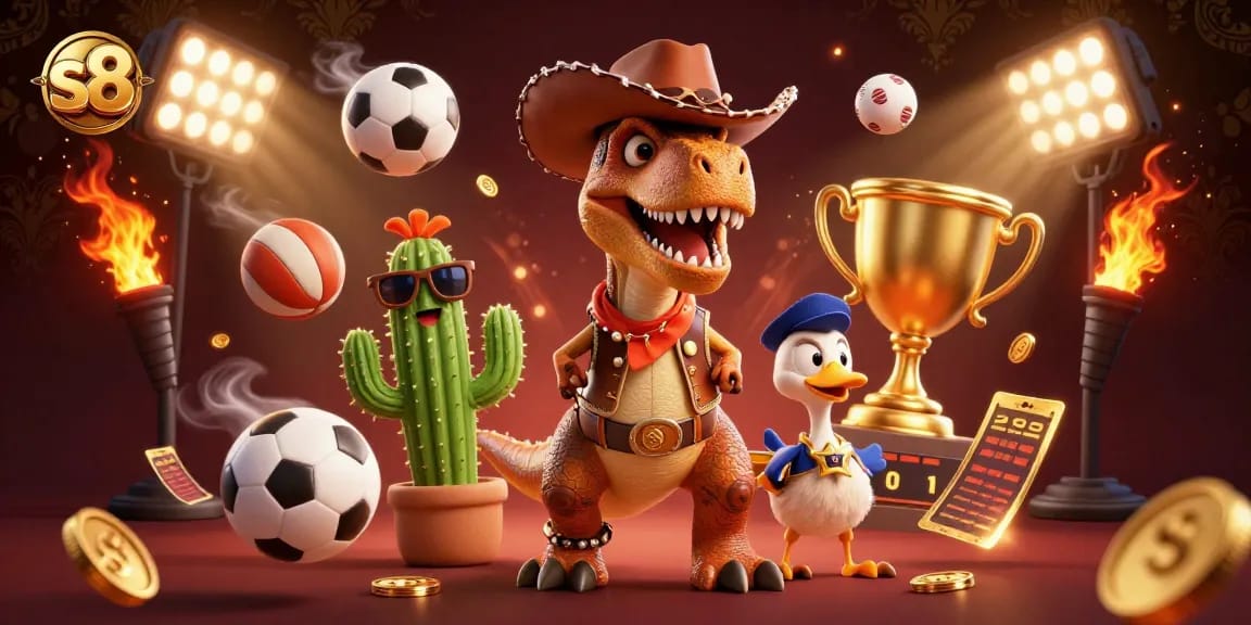 Bet on exciting slots and dynamic sports action with S8's vibrant 3D colorful illustration.