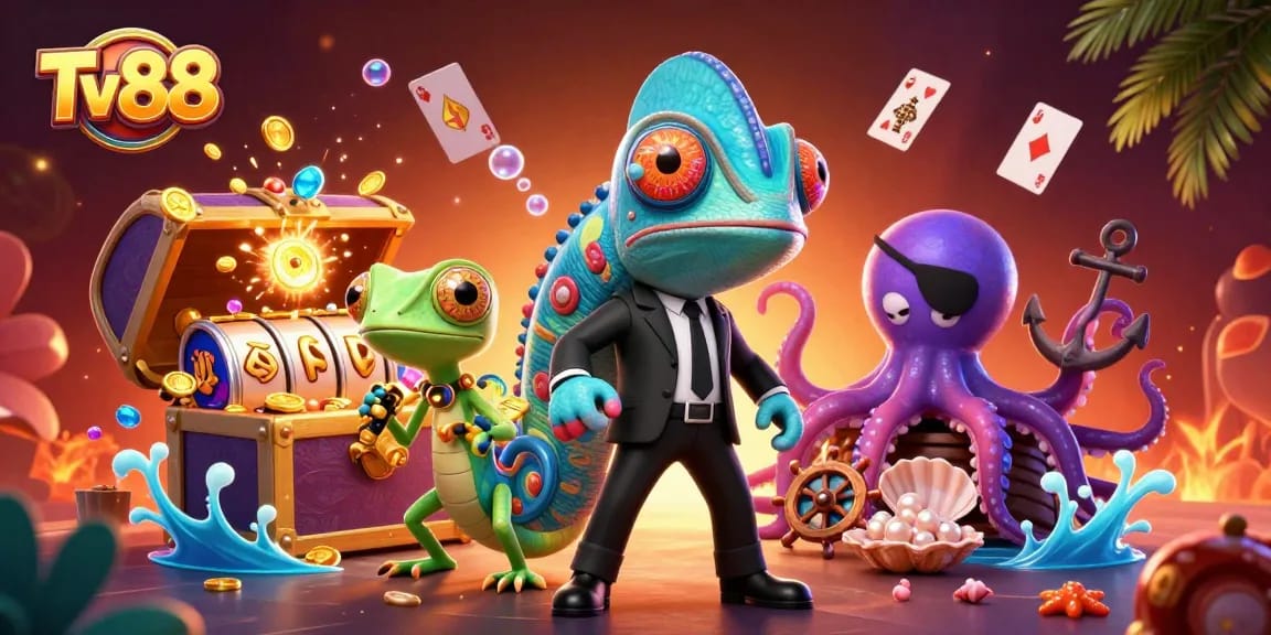 Spin slots and enjoy thrilling wins with Tv88's vibrant 3D casino scene featuring colorful characters and dynamic elements.