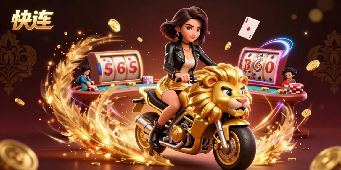 快连通过一位华丽女性与金色狮子吉祥物在多彩赌场氛围中增强游戏的兴奋感。