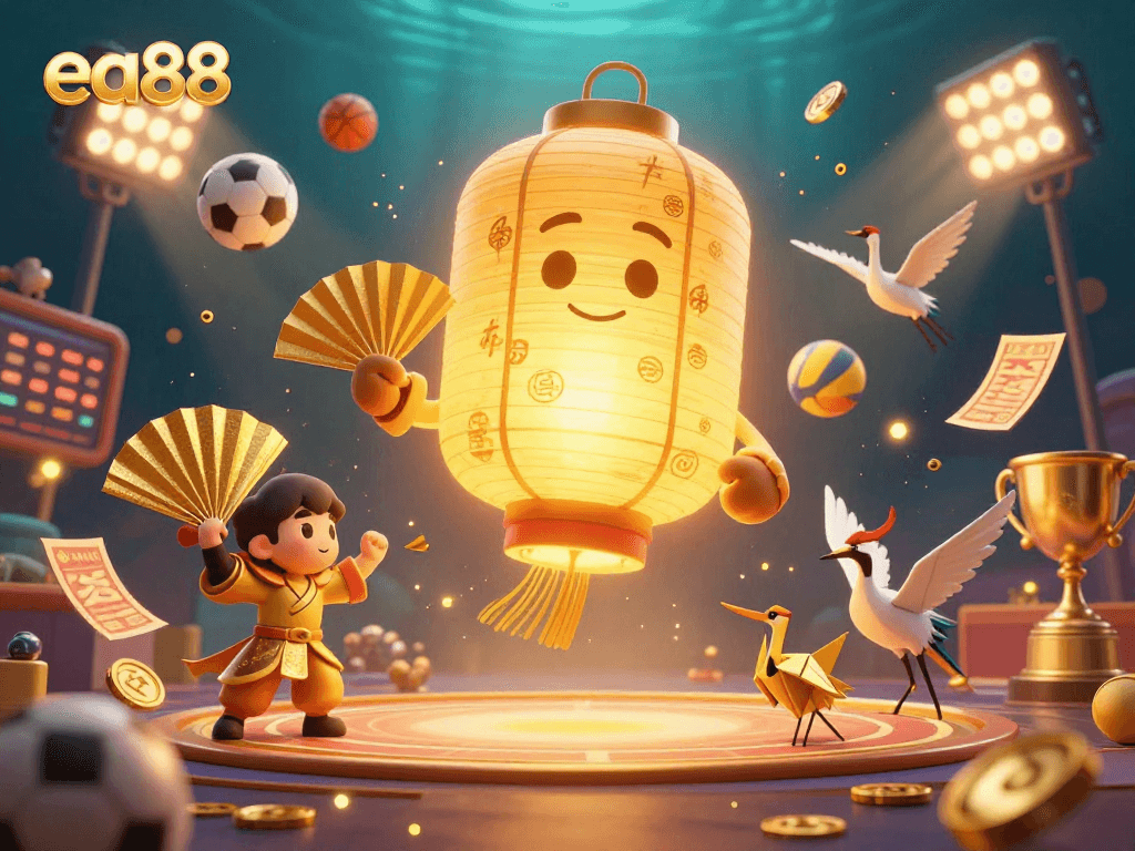 Experience thrilling bets at ea88 with the golden lantern spirit floating above a vibrant casino scene.