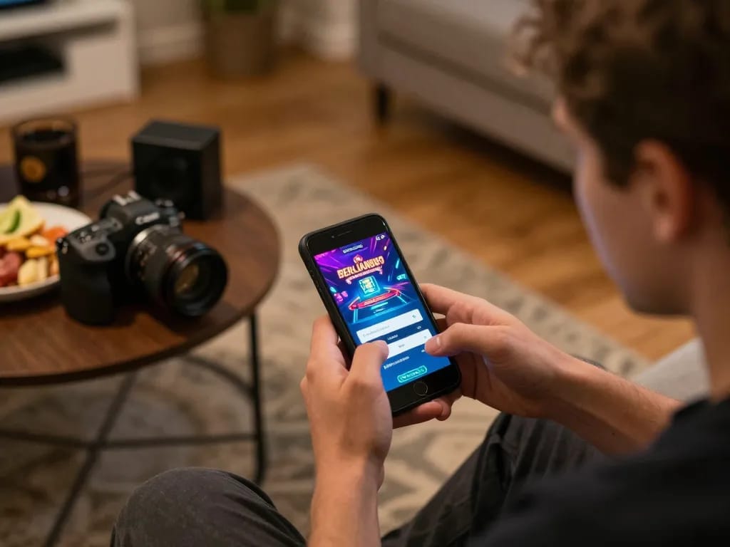 Experience seamless BERLIAN889 Login while enjoying mobile casino gaming on a cozy sofa.