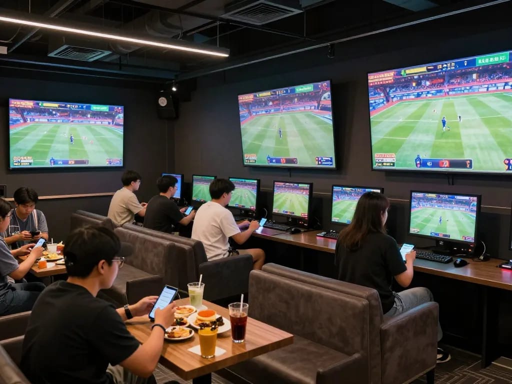 Fans engaging with kèo nhà cái and live sports in a vibrant betting lounge