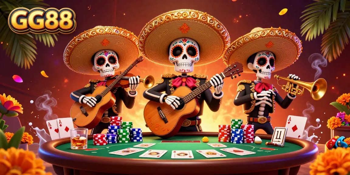 Engage in thrilling gaming at GG88 with vibrant characters, colorful poker elements, and a festive atmosphere.