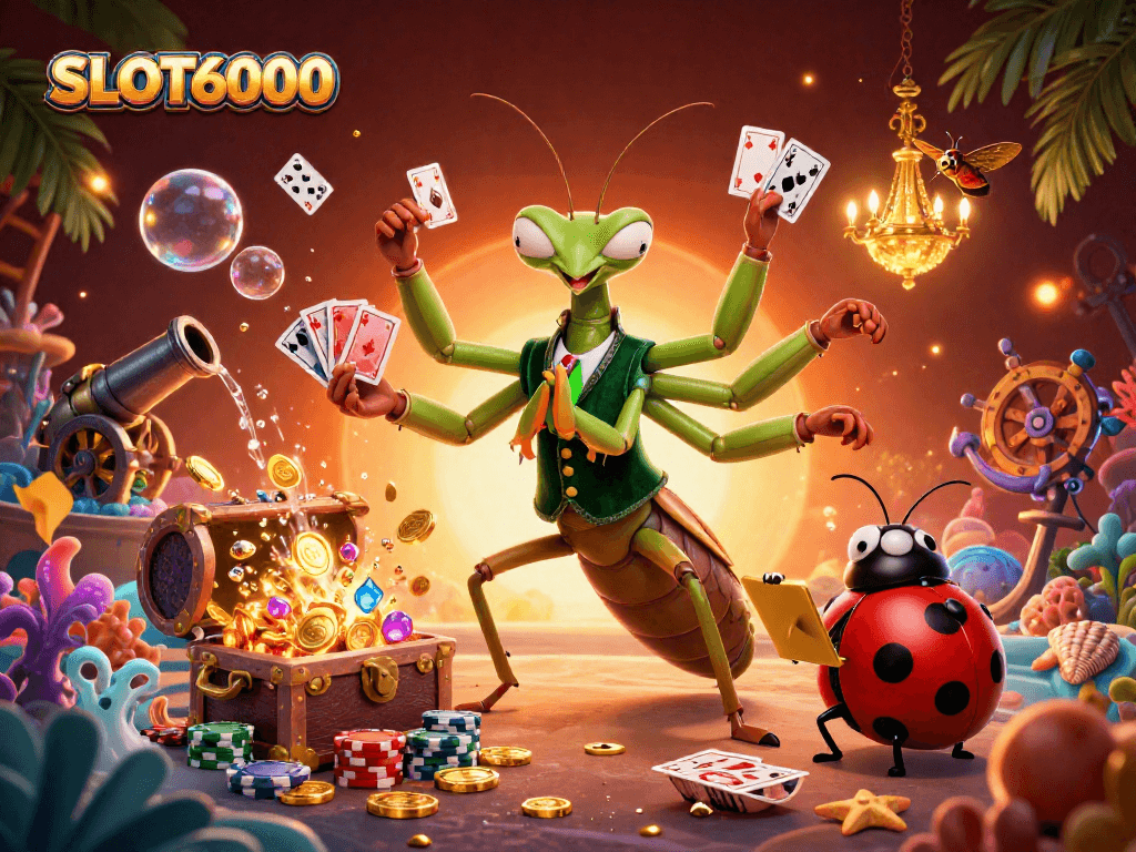 SLOT6000 captivating scene showcasing the giant mantis dealer, ladybug pit boss, and vibrant casino elements