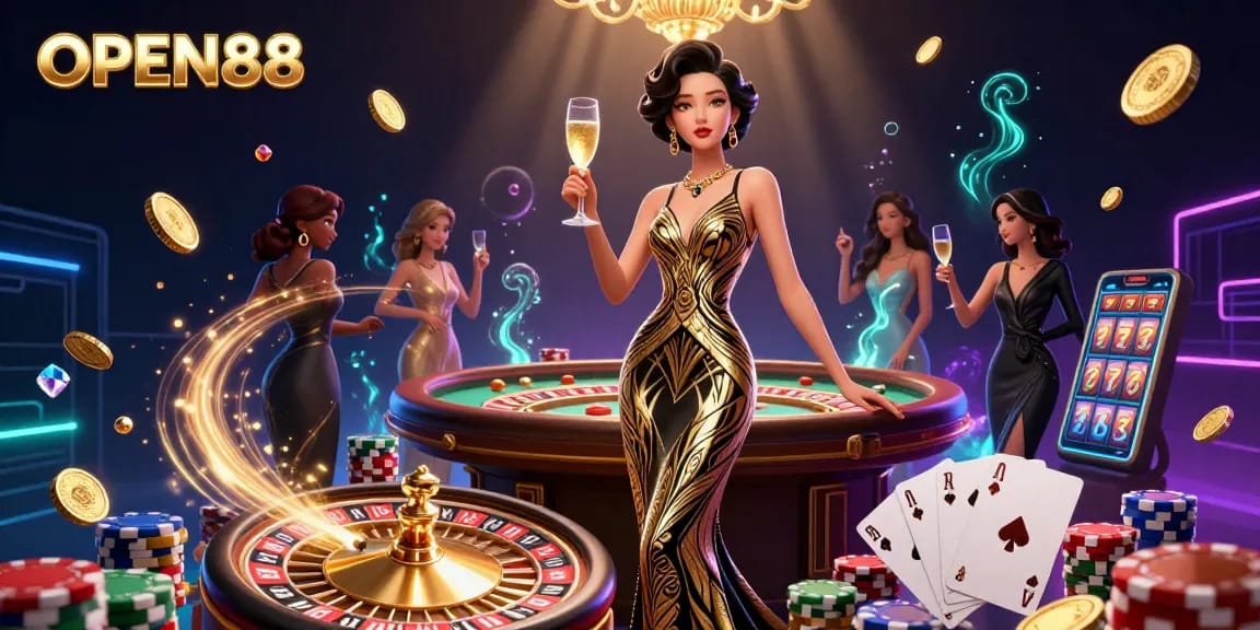 Experience thrilling gameplay at OPEN88 with elegant Asian femme and casino elements in a sparkling atmosphere.