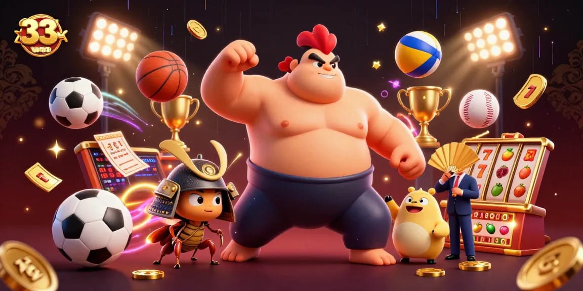 33win exciting sports scene featuring a sumo wrestler rooster and cricket amidst dynamic gaming elements.
