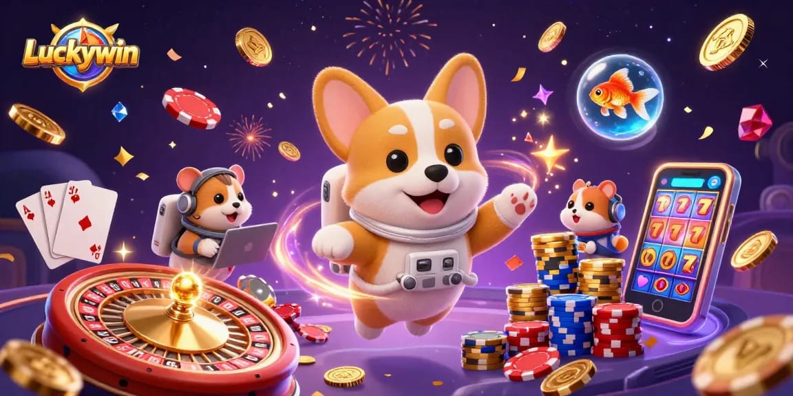 Luckywin casino illustration with a 3D astronaut corgi in a space station diverting players with jackpot action and games.