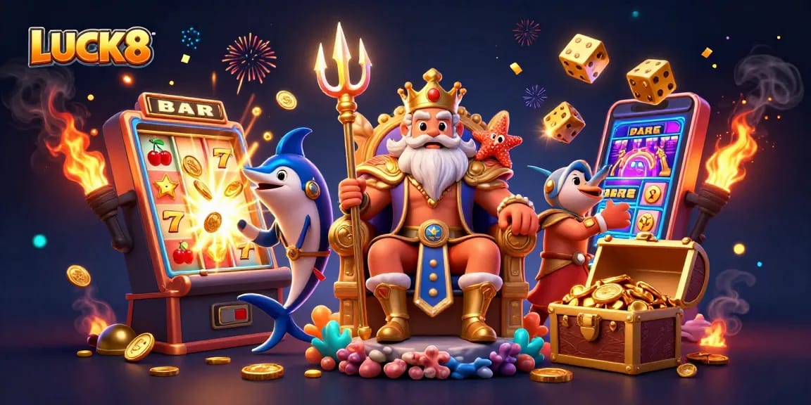 Engage in thrilling moments at LUCK8, featuring a vibrant jackpot explosion with 3D characters and casino elements.