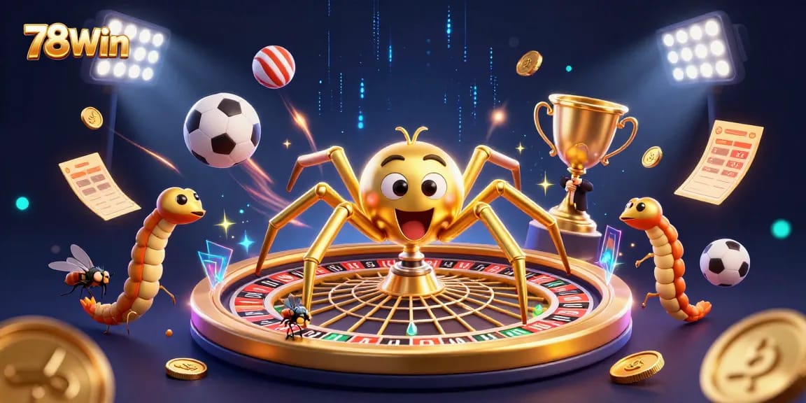 Experience thrilling bets with 78Win as a golden spider spins a roulette web under shimmering lights.