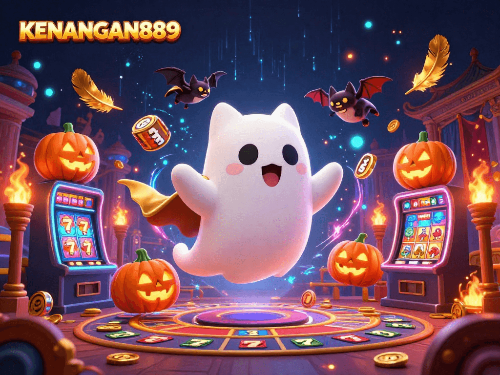 Spin the reels with KENANGAN889 in this lively haunted casino scene.