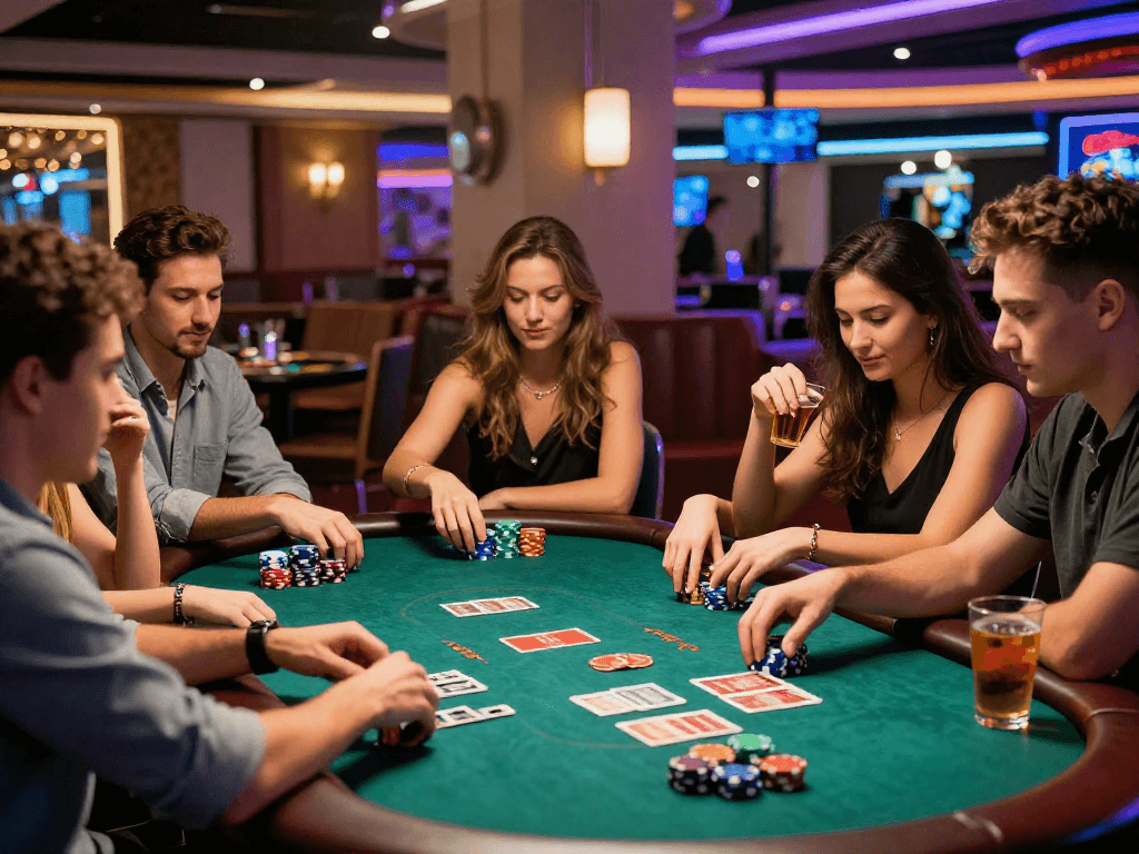 Friends enjoying oxbet gaming experience at a lively poker table.