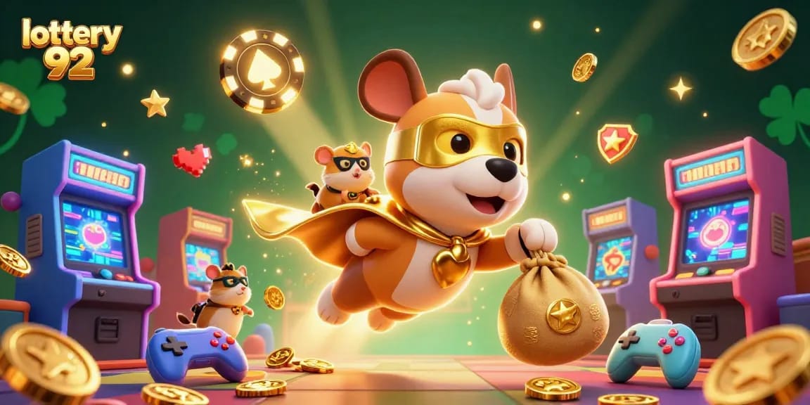 Engage with lottery 92 in a vibrant 3D illustration featuring a superhero dog and exciting gaming elements.