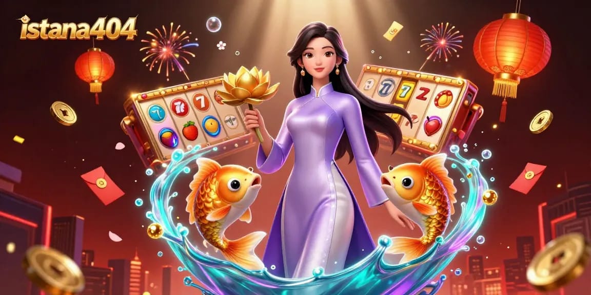 Engage with istana404's thrilling slot games featuring an elegant Asian woman and lucky symbols.