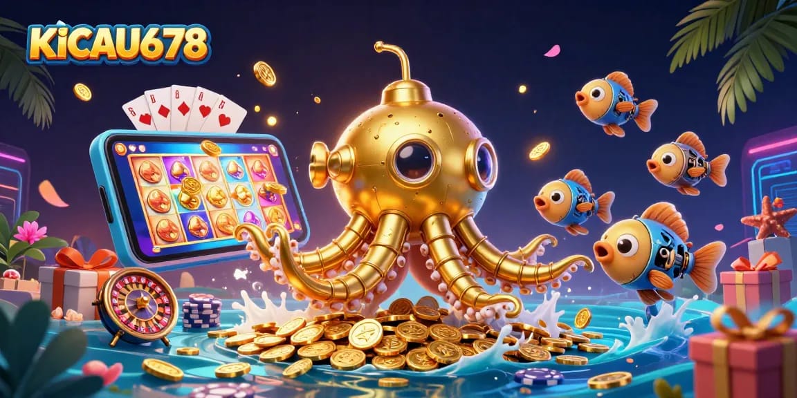 KICAU678 offers a vibrant 3D scene with a golden kraken submarine in a sea of coins and exciting slot action.
