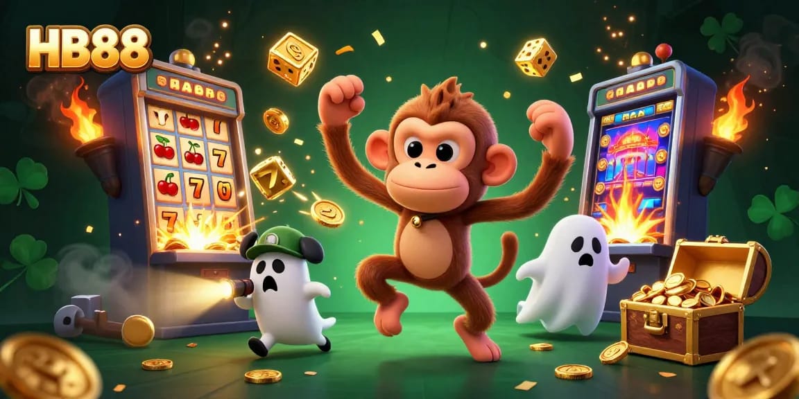 Experience the thrilling world of HB88 with a playful spirit and ghost-hunter puppy in a vibrant casino scene.