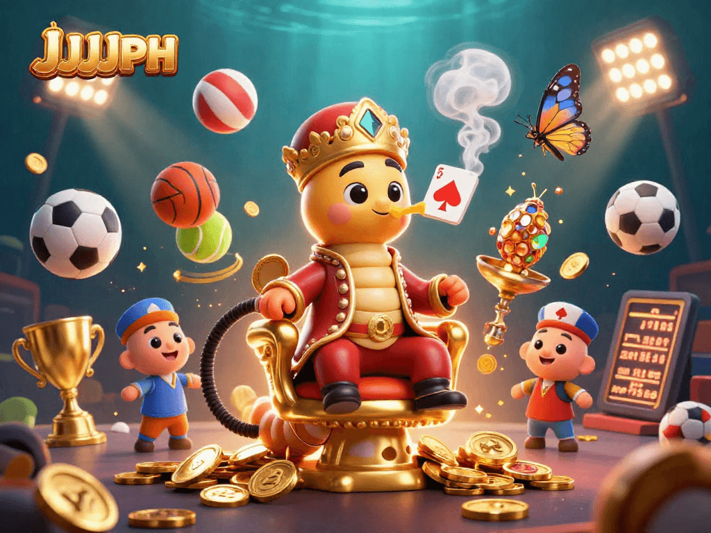 Experience JJJPH with a vibrant scene featuring casino elements, characters, and dynamic sports activity.