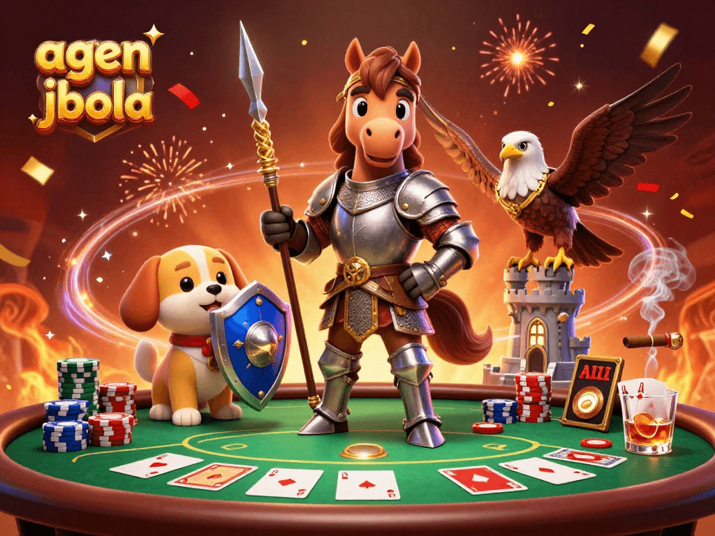 A thrilling scene of players engaging in agen judi bola, showcasing a knight, squire, and falcon by a vibrant poker table.