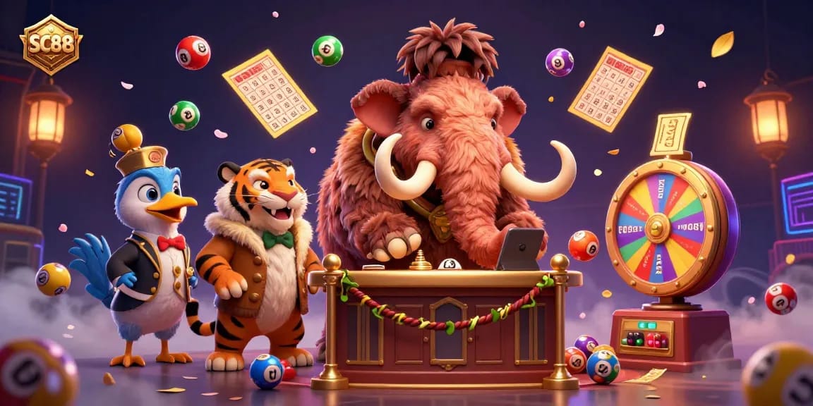 Experience SC88 entertainment with a vibrant 3D illustration of unique casino characters and dynamic game elements.