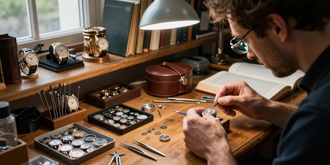 Expert horologist inspecting 4130 Daytona movement parts in a vintage workshop