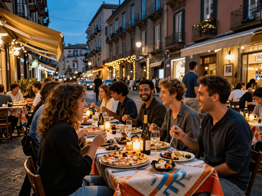 Dinner scene in Naples showcasing lavowin daftar dining experience with friends at a vibrant outdoor restaurant.