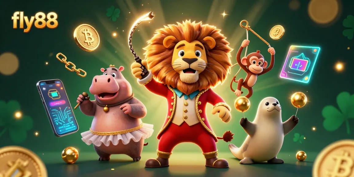 Experience the thrill of fly88 with vibrant 3D Circus characters, cryptocurrency elements, and casino excitement.