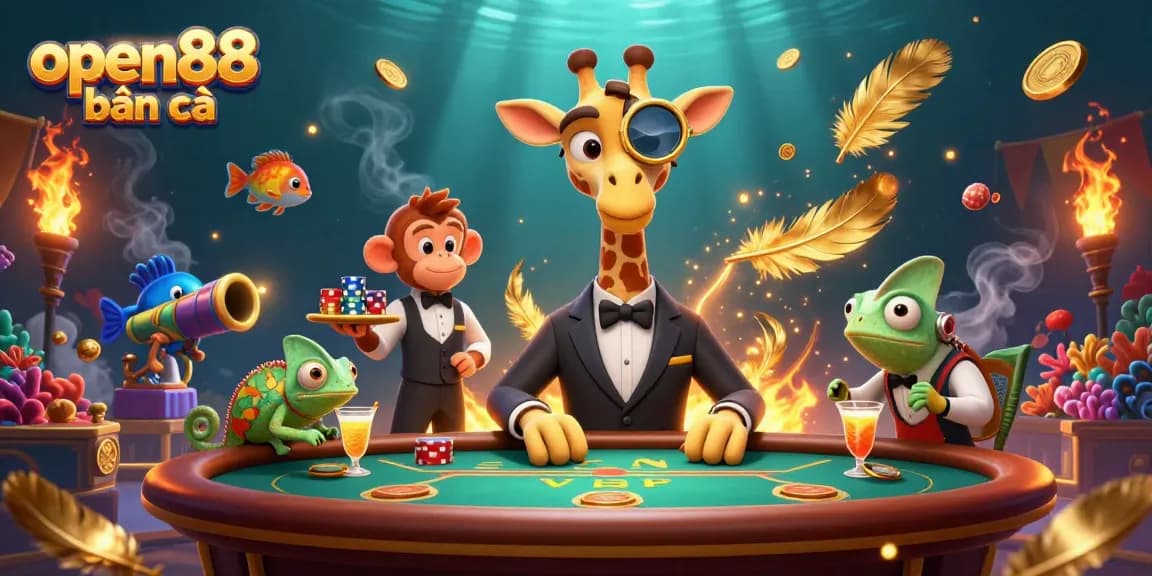 Engage in open88 bắn cá's thrilling fish shooting game while encountering cheerful characters in an underwater scene.