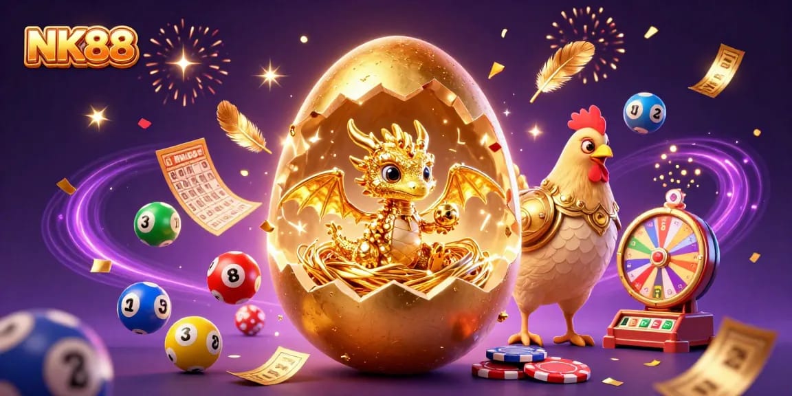 Win big with NK88 in this vibrant casino-themed digital illustration showcasing golden elements and lottery excitement.