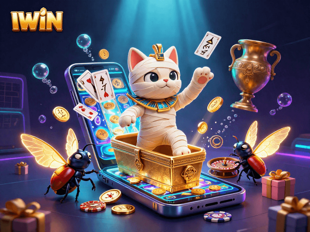 IWIN players engage with a lively 3D casino scene featuring a mummy cat, scarab beetle, and floating hieroglyph cards.