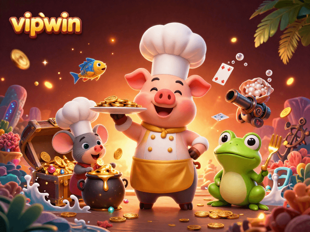 Experience the thrill of vipwin with a chef pig serving gold coins in a vibrant casino scene.