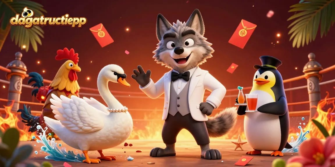 Experience dynamic cockfighting action with dagatructiepp's vibrant arena illustration, featuring animated characters and elements.