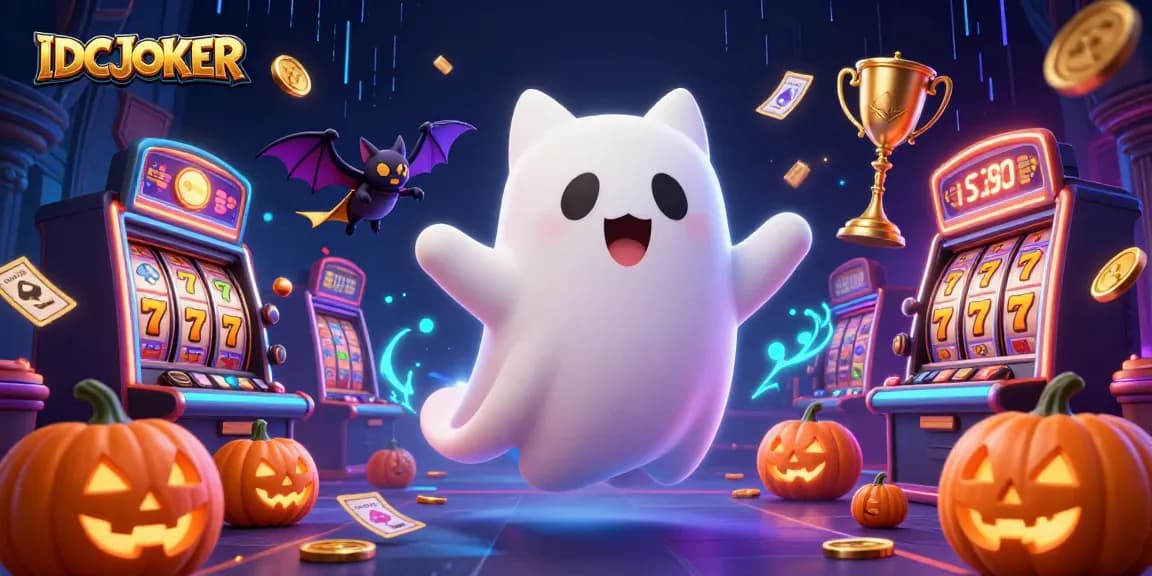 IDCJOKER features an engaging ghostly cat in a vibrant haunted casino setting, highlighting slot machine excitement.