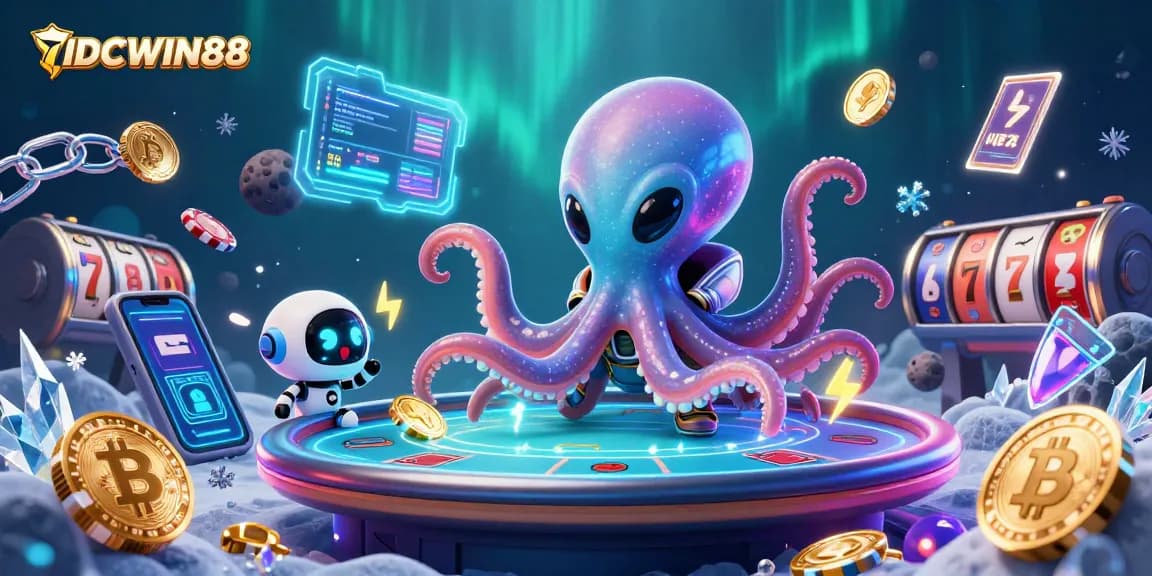 Get ready to win with IDCWIN88’s vibrant alien-themed poker universe, featuring exciting holographic elements.