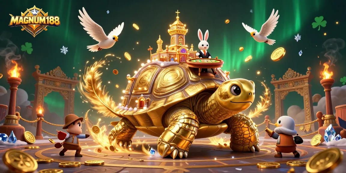 Experience the thrill of MAGNUM188 with a vibrant casino scene featuring golden tortoise and rabbit dealer.