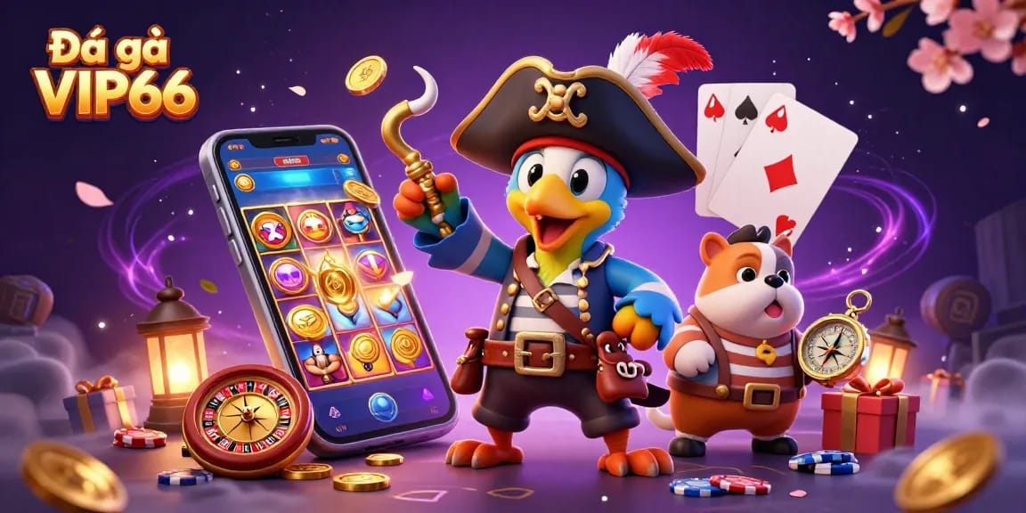 Experience Đá gà VIP66 in a dynamic, colorful illustration showcasing gambling excitement with coins and slot games.