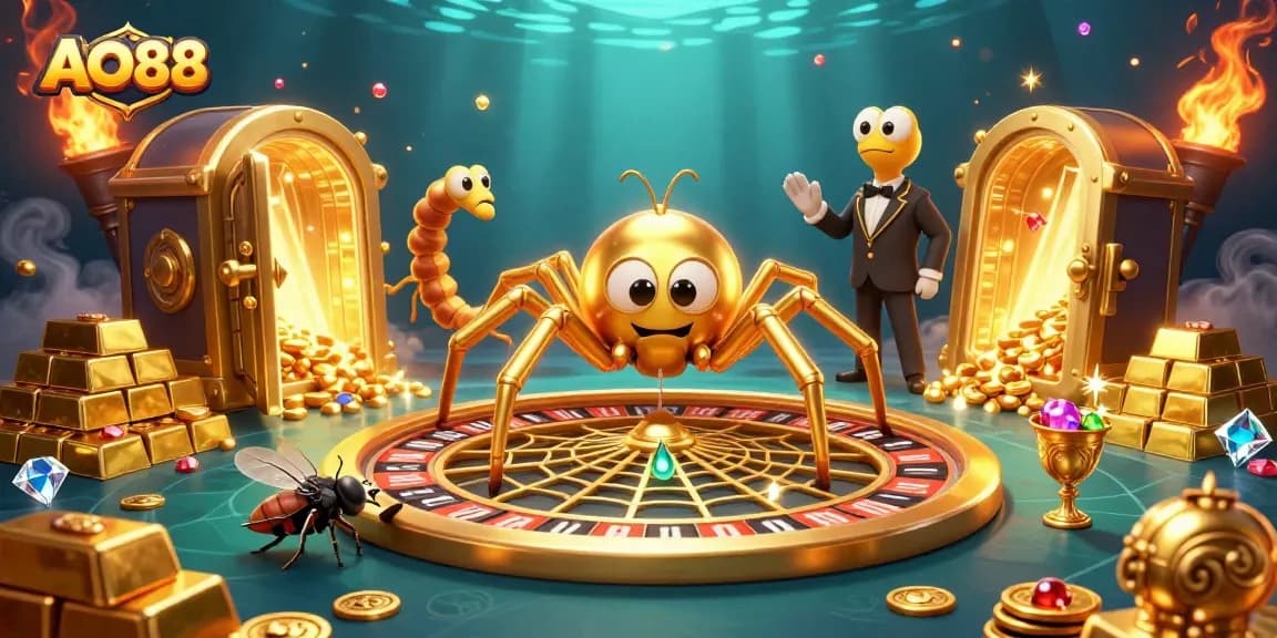 Bet strategically at AO88 with a thrilling gaming scene featuring dazzling treasures and vivid characters.