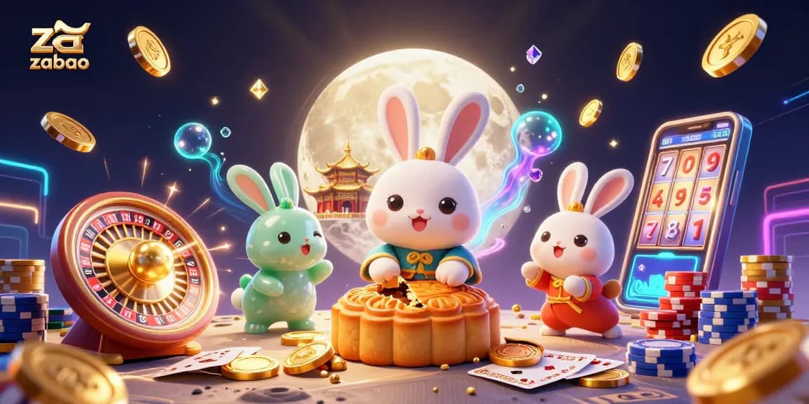 Experience the excitement of zaobao with a vibrant 3D scene featuring a moon rabbit revealing poker chips amidst dazzling casino elements.