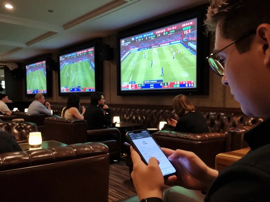 Engaging in sports betting at keonhacaii88, with multiple screens showcasing live games and ambient lounge atmosphere