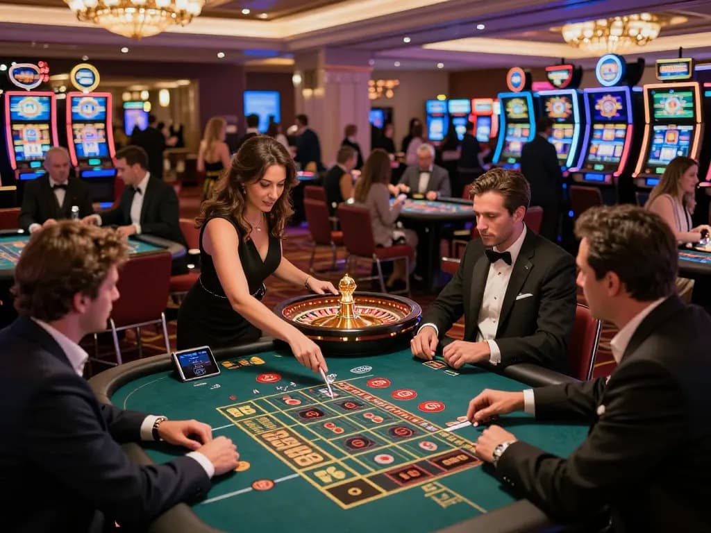 A dynamic casino scene showcasing players at tables with tr88 excitement in a vibrant, luxurious atmosphere
