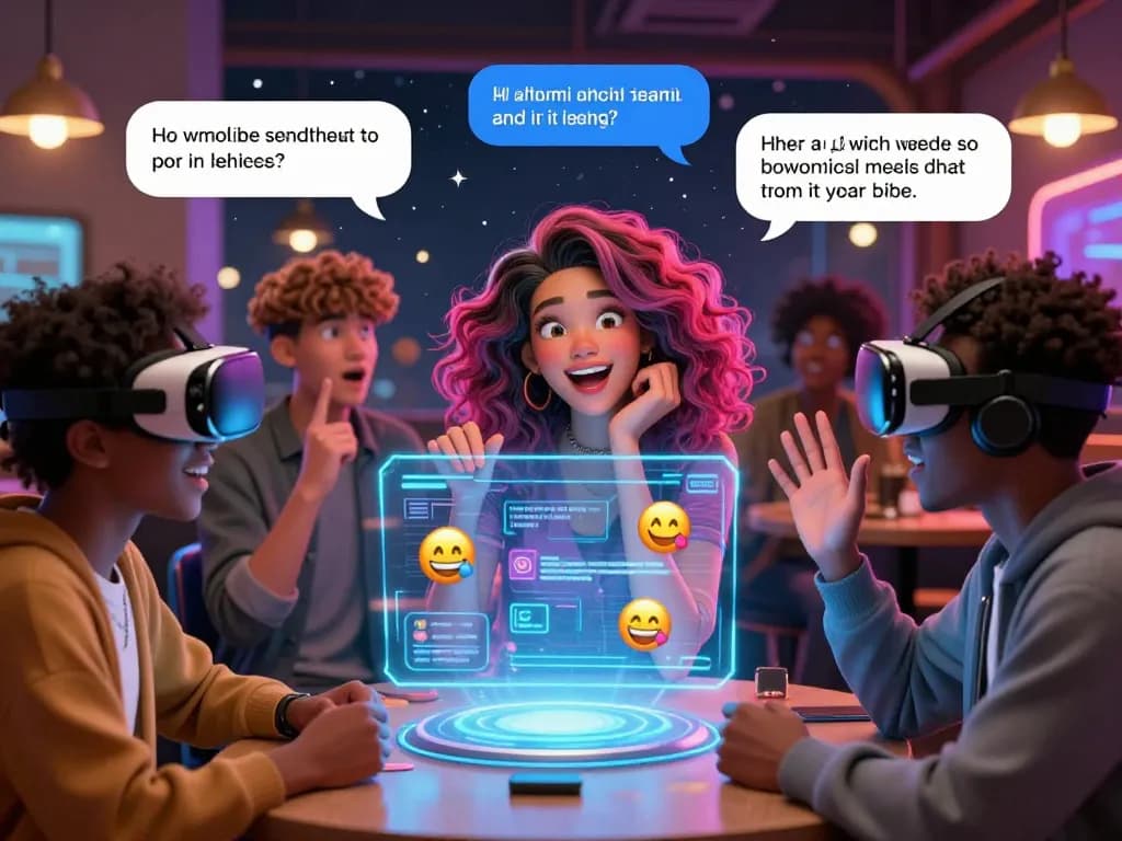 Animated characters engaging in playful ai porn chat in a vibrant digital café.
