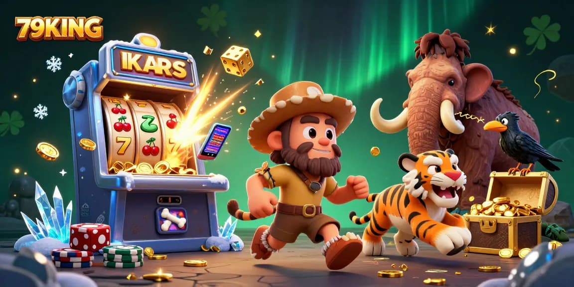 Engage in exciting gameplay at 79KING with a dynamic prehistoric casino scene featuring vibrant elements and vivid characters.