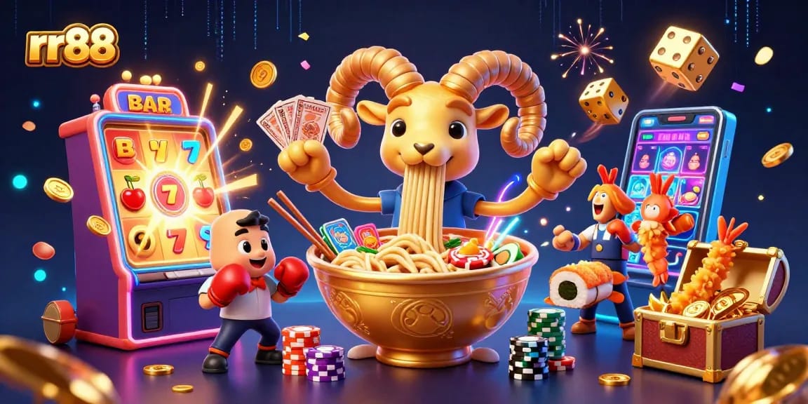 rr88 themed giant ramen bowl casino scene with vibrant game elements and characters