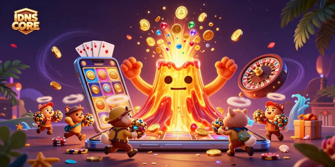 Experience thrilling gameplay with IDNSCORE as golden treasures erupt from the volcano in this vibrant casino scene.