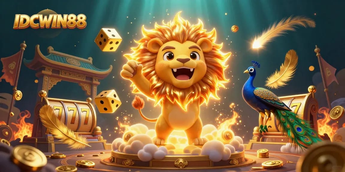 Spin the reels and win big with IDCWIN88's captivating slot experience surrounded by golden elements.