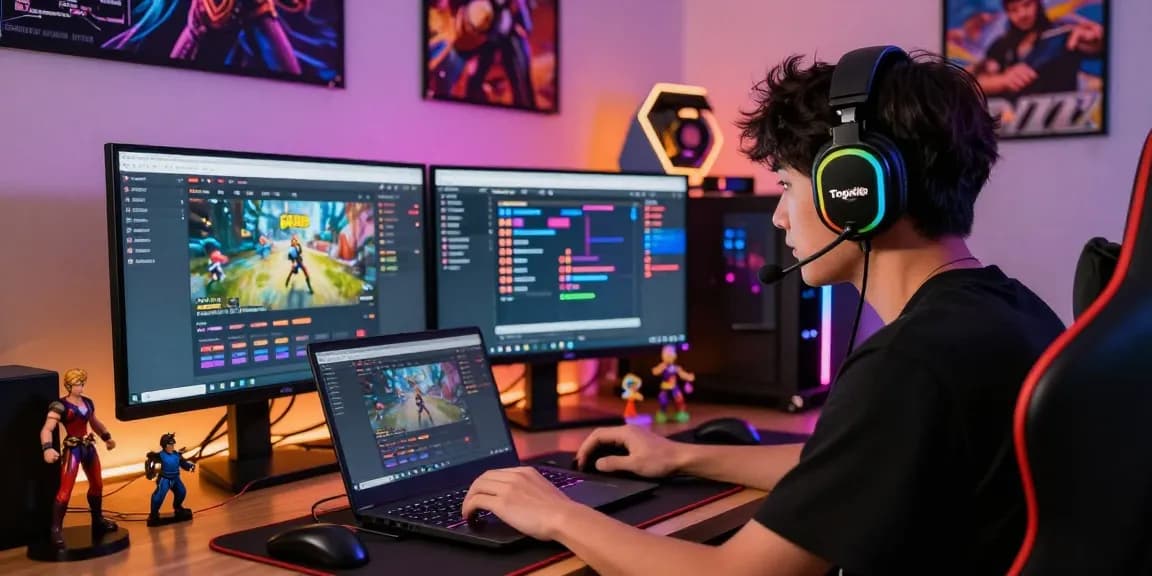 Togel88 Rtp Terbaru gaming player engaged in dynamic online activity surrounded by gaming paraphernalia and vibrant LED lights.