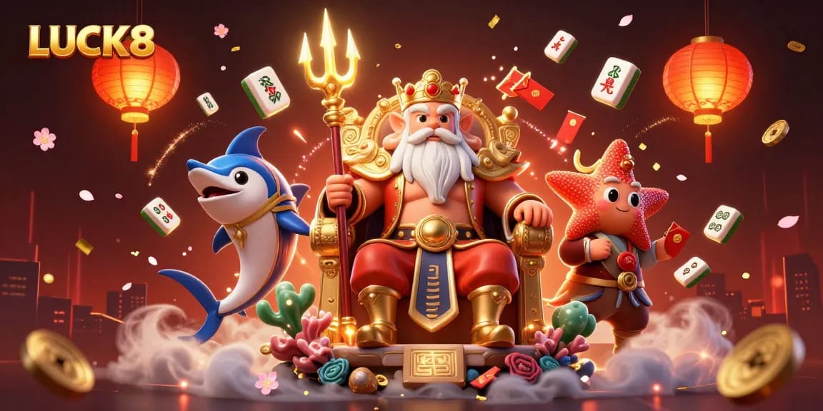 Spin to win with LUCK8 in this vibrant 3D casino-themed illustration featuring Neptune.
