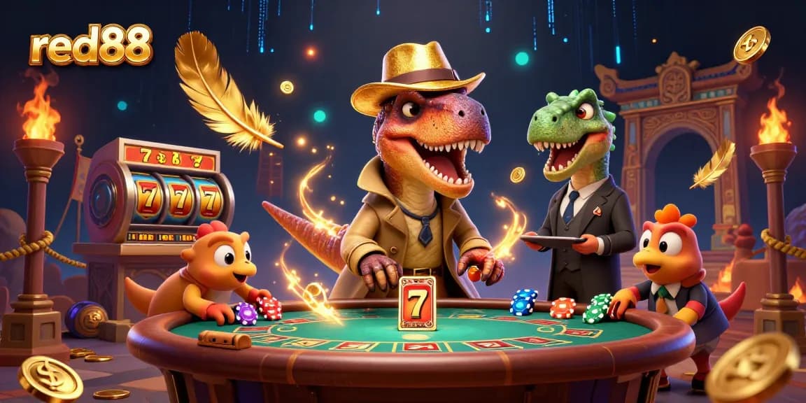 Experience red88's casino excitement with a 3D velociraptor sneaking chips at a blackjack table.